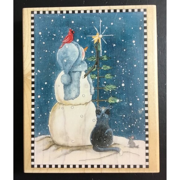Snowman & Friends Cat, Mouse, Cardinal Gazing at North Star Rubber Stamp - Picture 1 of 4